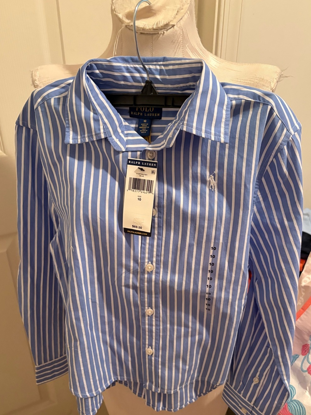 Girls Ralph Lauren Blue and White striped Shirt size 10 nwt $69.50